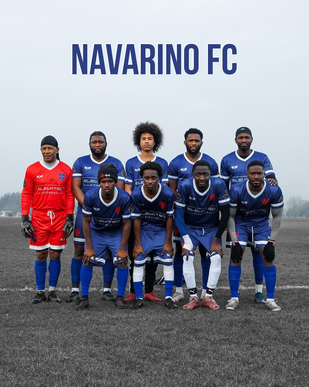 Navarino FC team in Elevated Fitness shirts at Hackney Marshes